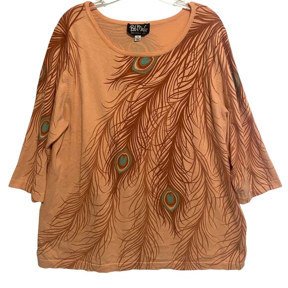 Bob Mackie Art To Wear Lightweight Sweater Womens Size 1X Peach Peacock Feather - Picture 1 of 6